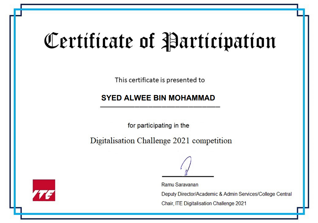 ITE Digitalisation Challenge Certificate